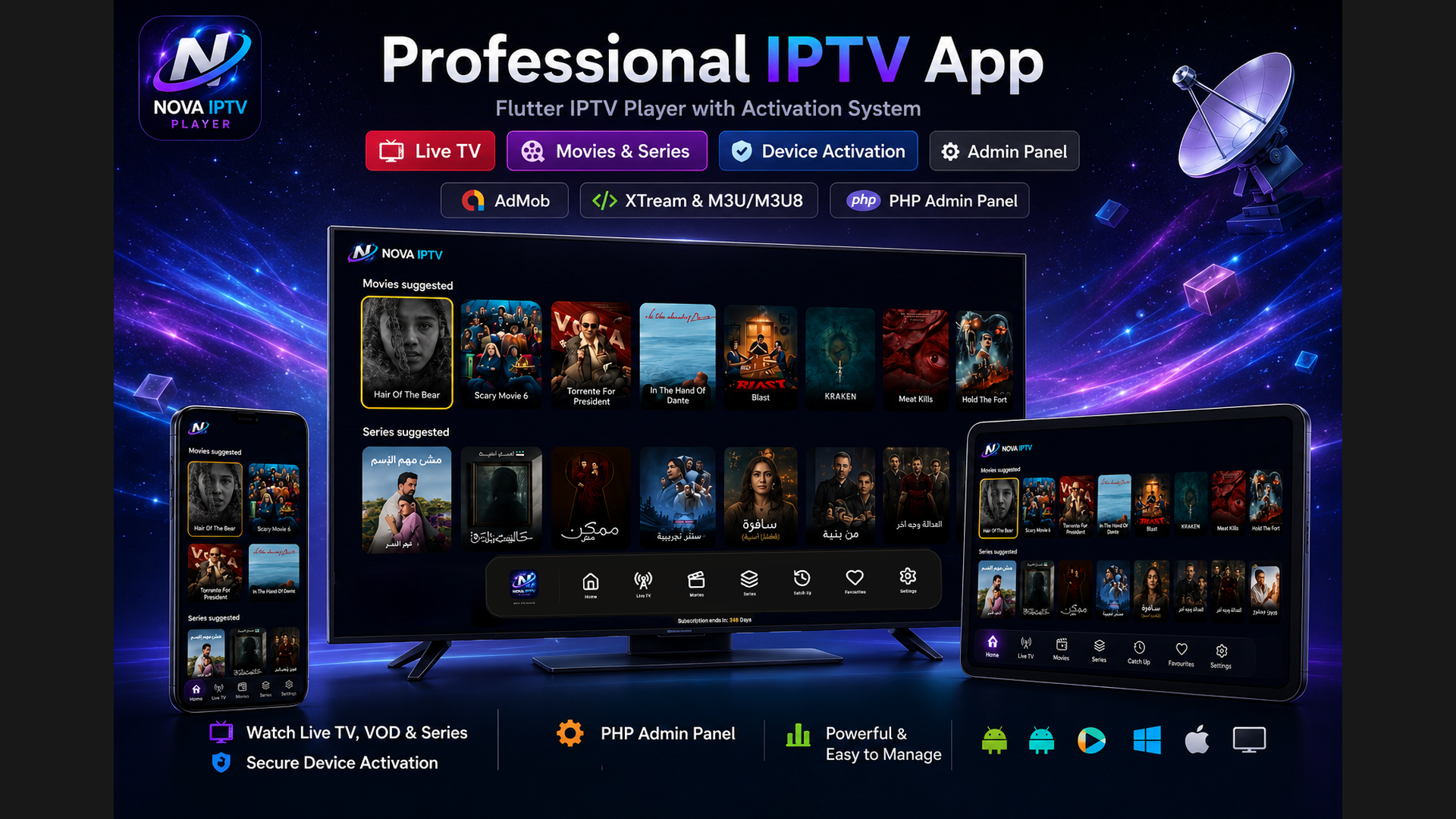 Nova IPTV Player | Aplicación Flutter con panel de administración PHP